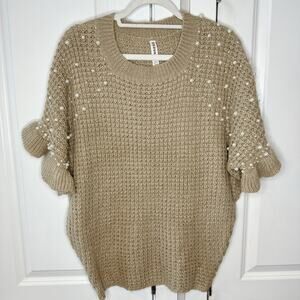 SISOUHOR Pearl Embellished Short Sleeve Knit Ruffle Sweater | Small Medium